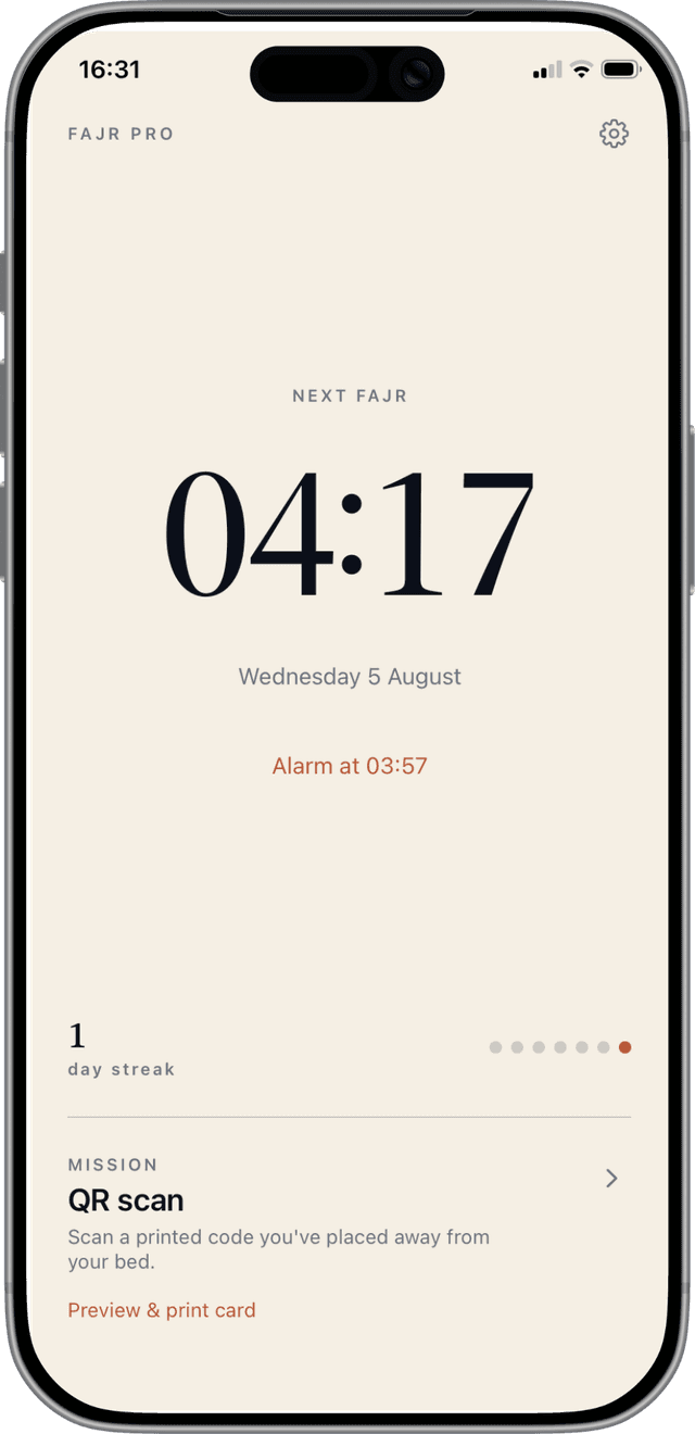 Fajr Pro home — tomorrow's Fajr and the wake alarm